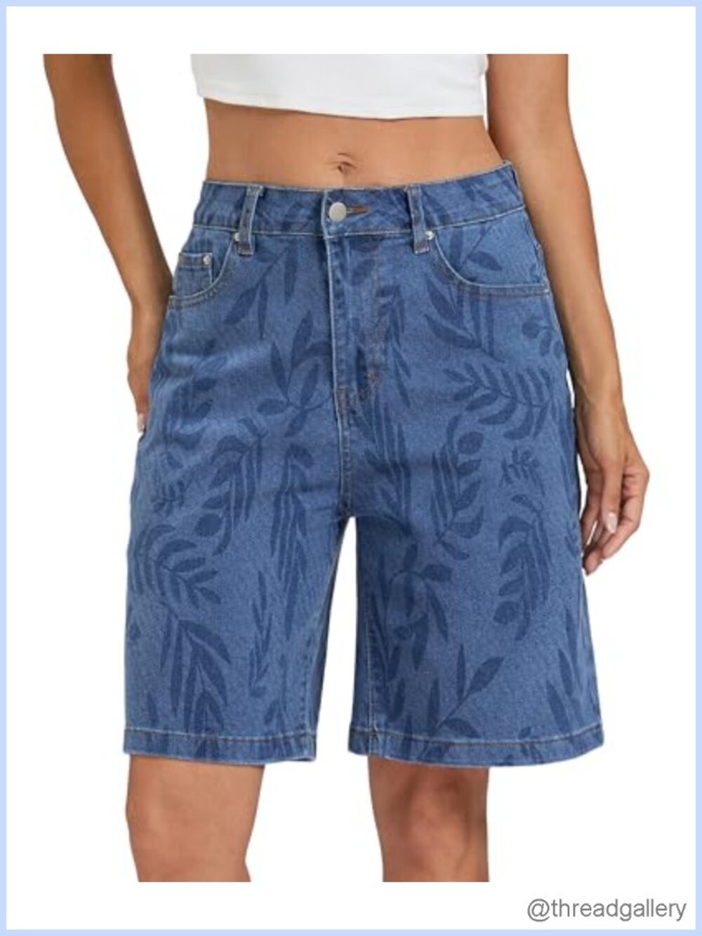 Women's High Waisted Bermuda Denim Shorts Leaf Print Knee Length